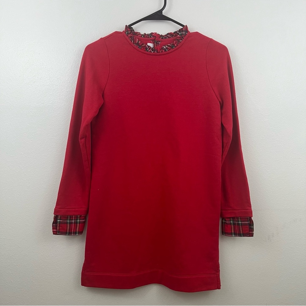 NWOT Vineyard Vines Red Ruffle Neck Long Sleeve Kids Dress with Plaid Size L/14